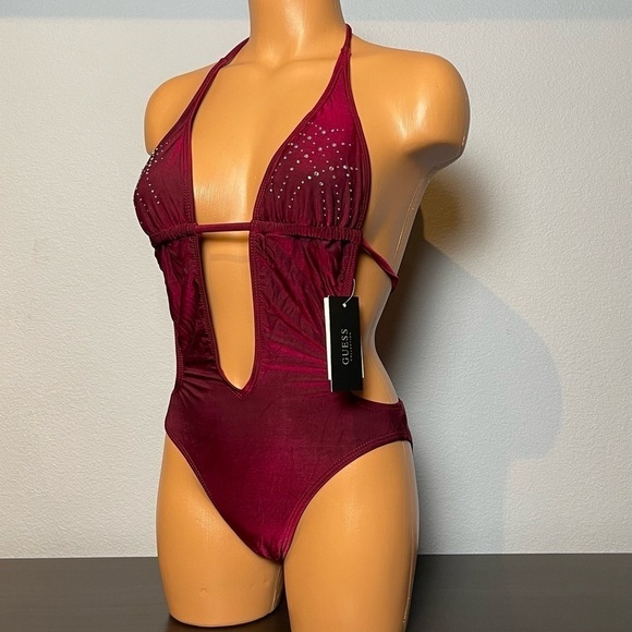 Nwt GUESS Rock Star Rhinestone Embellished Plunge 1 Piece Swimsuit (SW06) - Picture 2 of 12
